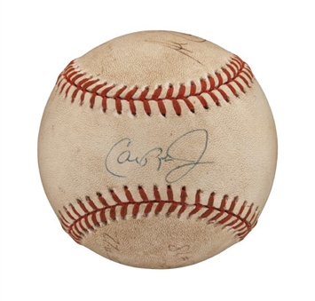 1995 Game Used Baseball From Cal Ripkens Record Setting Game Signed By Ripken and Umpires